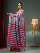 Grey And Blue Cotton Blend Handwoven Saree With Stripes Pallu-MA50BCT06550050