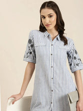Women Blue Striped A-Line Kurta-DF-1597-Blue