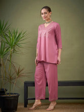 Women Pink Embroidered A Line Top With Palazzos