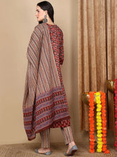 Women Maroon Cotton Printed Anarkali Kurta Pant Set-VKSKD2111