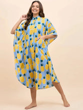 Long Kaftan Dress in Blue and Yellow Pineapple Print