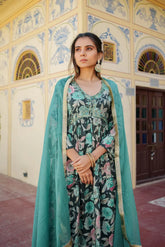 Women Teal Muslin Embroidered Kurta Pant & Dupatta Set
