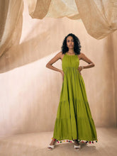 Women Green Rayon Embroidered Pom-Pom Tiered Maxi