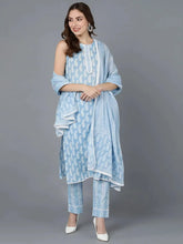 Women Blue Cotton Printed Straight Kurta Pant Set With Dupatta-VKSKD1454