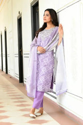 Women Lavender Tissue Linen Embroidered Solid Kurta Set With Solid Pants & Printed Dupatta-143-Vaas-Lavender
