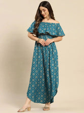 Off shoulder Flare yoke and U hem maxi dress in Peacock Blue