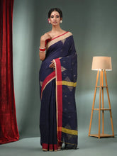 Navy Blue Linen Handwoven Saree With Ghicha Work-MA50LN061100038