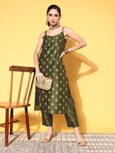 Olive Green Poly Silk Gold Printed Kurta Pant Set-AHKUPN-COMBO-495-FF