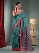 Teal Cotton Blend Handwoven Saree With Stripes Pallu-MA50BCT06550045