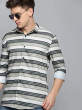 Men Green Striped Casual Shirt-LARGEPRINT-2087-Olive