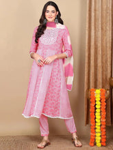 Women Coral Viscose rayon Embroidered A-Line Kurta Pant Set