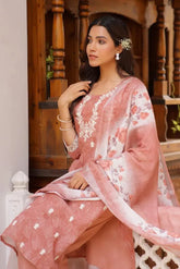 Women Pink Linen Kurta Embroidered Kurta Set With Solid Pants & Dupatta-132-Vaas-Chocolate