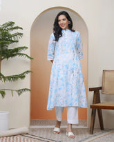 Women white floral Cotton printed flare Kurti-225VAASWHITE