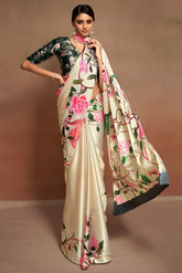 Women's Latest Bollywood Floral Printed Satin Saree With Unstiched Blouse-AVN-8090-CREAM