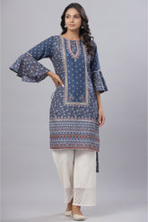 Juniper Women's Indigo Cambric Floral Print Straight High-Low Kurta With Mask