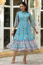 Aqua Blue Geometric Printed Chiffon Tiered Maxi Dress With Buttons.-2535AAQUA