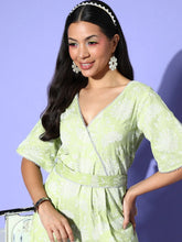 Green Printed Pure Cotton Waist Tie-Ups Jumpsuit-AHJSCOKH-56