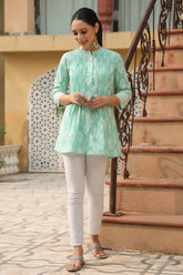 Mint Ethnic Motif Printed Pure Cotton A-Line Tunic With Lace Work-2862MINT