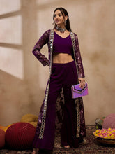 Crop Top With Bell Bottom Pants And Jacket In Purple Color
