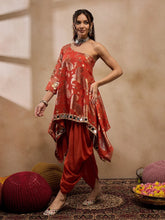 One Shoulder Assymettric Top With Dhoti In Rust Color