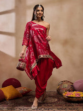 One Shoulder Assymettric Top With Dhoti In Red Color