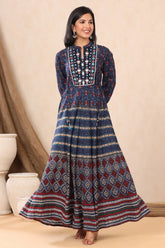 Indigo Ethnic Motif Printed & Embroidered Rayon Maxi Dress-2909INDIGO