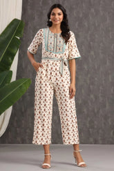 Ivory Ethnic Motif Printed Rayon Jumpsuit With Zip-2910IVORY