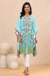 Sky Blue Floral Printed Calf-Length Rayon Kaftan.-2915SKYBLUE