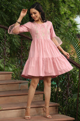 Blush Pink Floral Printed Cotton Slub Tiered Short Dress With Thread Work Embroidery-2947BLUSHPINK