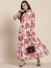 Pink Floral Printed Chiffon Maxi Dress With Buttons & Beads-2957PINK
