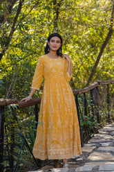 Yellow Floral Printed Georgette Maxi Dress With Beads Kantha Work & Sequins At Neckline-2962YELLOW