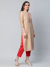 Beige & Red Chanderi Printed Kurta Pant Set-AHKUPN-COMBO-429