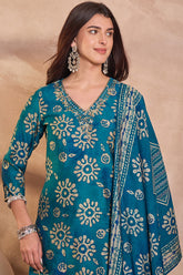 Blue Cotton Blend Abstract Printed Straight Kurta Trouser With Dupatta VKSKD3212