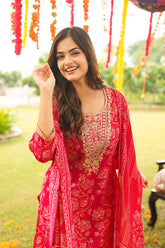 Red Viscose Rayon Floral Embroidered Straight Kurta Trousers With Dupatta PKSKD3056