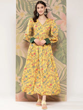 Yellow Floral Printed Tie-Ups Empire Ethnic Dress-AHEDCRDP-157-ICH