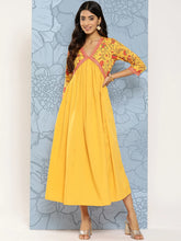 Yellow Floral Print Empire Midi Ethnic Dress-AHEDCRDP-203-ICH