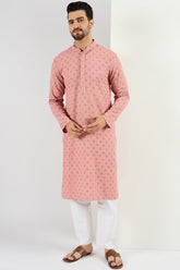 Ethnic Bay Pink Viscose Rayon Solid Embroidered Long Straight Kurta For Men MKU1060