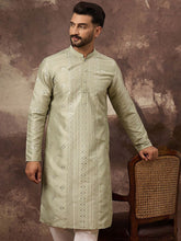 Ethnic Bay Men Green Silk Blend Solid Embroidered Straight Kurta With Pant Set-MKSET1363