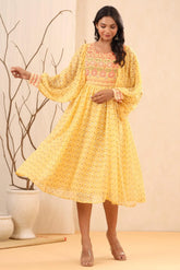 Yellow Ethnic Motif Printed Georgette Midi Dress With Sequins Work-3054YELLOW