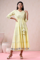 Yellow Solid Pure Cotton Solid Tiered Maxi Dress With Gota Work Dori Tie-Up & Cushioned Tassels At Waist-3056YELLOW