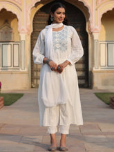Women White Cotton Dobby Embroidered Kurta, Pant & Dupatta Set.