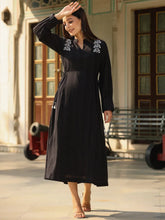 Women Black Cotton Dobby Embroidered Flared Maxi Dress.