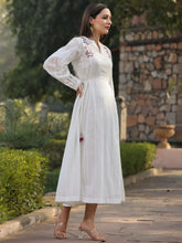 Women Multi-Coloured Cotton Dobby Embroidered Flared Maxi Dress.