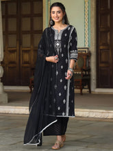 Women Black Cotton Dobby Embroidered Kurta, Pant & Dupatta Set.-3083SBLACK-S