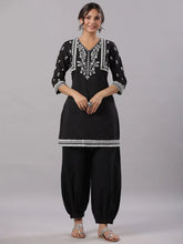 Women Black Cotton Dobby Embroidered Kurta, Pathani Salwar & Dupatta Set.