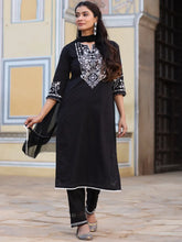 Women Black Cotton Dobby Embroidered Kurta, Pant & Dupatta Set.-3086BLACK-S