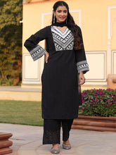 Women Black Cotton Dobby Embroidered Kurta, Pant & Dupatta Set.-3093BLACK-S
