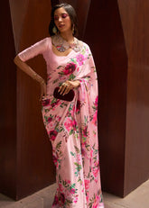 Women's Latest Bollywood Floral Printed Satin Saree With Unstiched Blouse-AVN-8090-PINK
