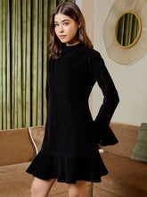 High Neck Mini Dress In Black Corduroy