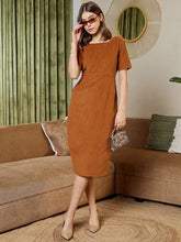 Pencil Fit Printed Midi Dress In Brown Corduroy